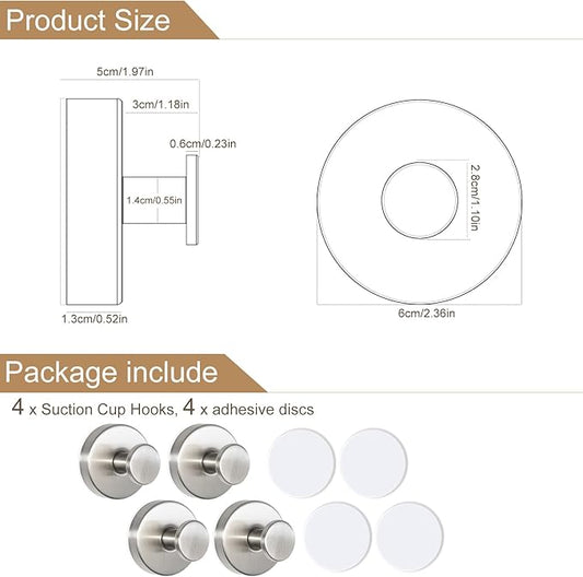 ZESLMG Suction Cup Hooks for Shower, Nickel Wreath Hangers for Front Door Glass Window Bathroom Kitchen Wall, Removable Towel Holder Bath Robe Loofah Coat Hooks No Damage for Hanging, 4 Pack