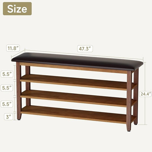 Shoe Bench with Leather Cushion,Wood Bench with Shoe Rack,3-Tier Shoe Storage Organizer for Entryway,Hallway,Living Room (Brown, 3-Tier-47.3")