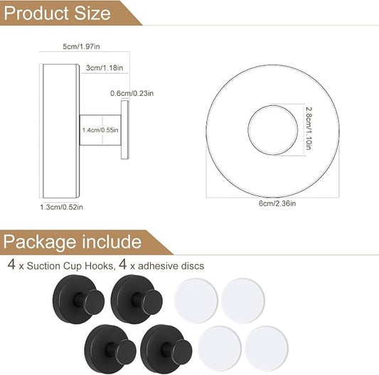 ZESLMG Suction Cup Hooks for Shower, Black Wreath Hangers for Front Door Glass Window Bathroom Kitchen Wall, Removable Towel Holder Bath Robe Loofah Coat Hooks No Damage for Hanging, 4 Pack