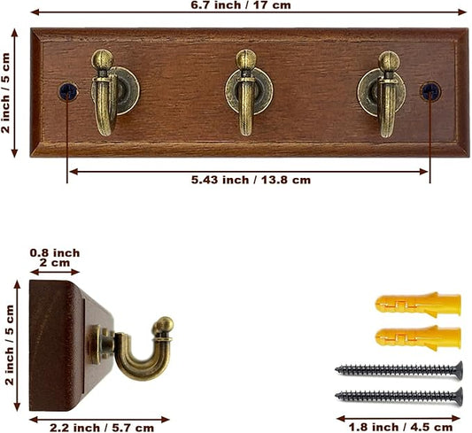 6.7" Wooden Key Holder for Wall, Decorative Key Rack with 3 Hooks (2 Pack Brown)