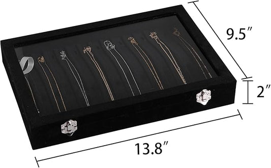 Frebeauty 15 Hooks Necklace Tray Velvet Neckalce Organizer with Clear Lid Lockable Necklace Holder Box Jewelry Organizer for Pendants Chains Necklace Jeweley Tray for Women Girls(Black)