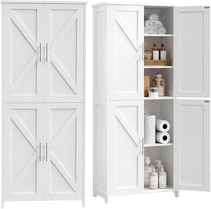 Akxomel Tall Bathroom Storage Cabinet, 11 x 22.8 x 63 Inches, Floor Cabinet with Barn Doors, Adjustable Shelf, Linen Pantry Cabinet for for Kitchen, Laundry Room, Living Room, Entryway, White