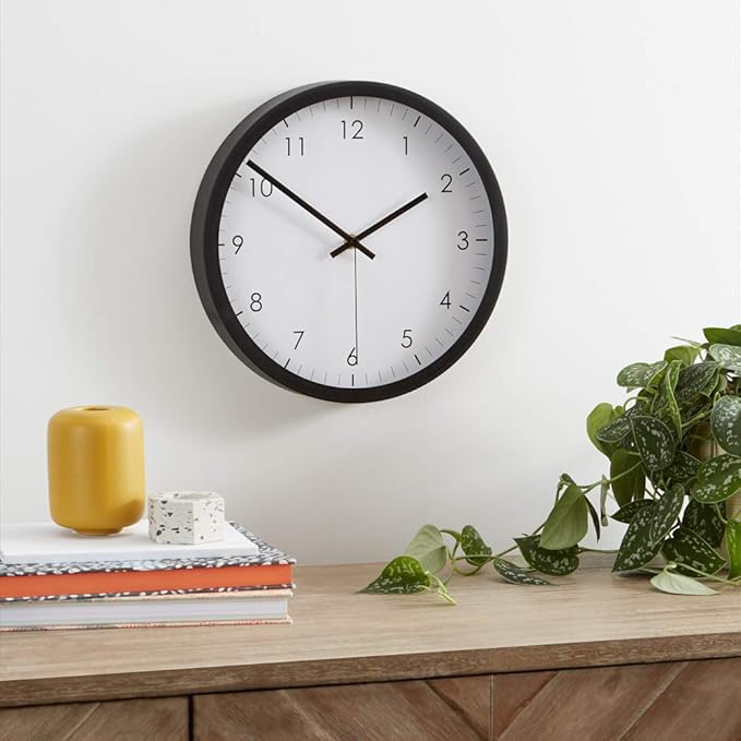 Amazon Basics Classic 12" Round Wall Clock, Easy to Read, Silent Non Ticking, Battery Operated, Black