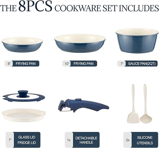 Ceramic Cookware Set Non Stick 8Pcs Pots and Pans Set Detachable Handle Induction Kitchen Cooking Set with Frying Pans Oven Dishwasher Safe, PFAS/PFOA Free, Navy