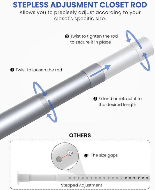 Supforce Closet Rods for Hanging Clothes, 17 to 99 Inches Stepless Adjustable Metal Closet Rod, 1.3 Inches Heavy Duty Clothes Hanging Rod for Closet Wardrobes Laundry RV, Silver