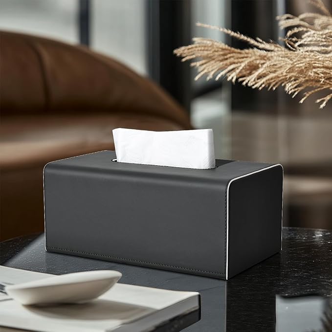 KINGFOM Tissue Box Cover, PU Leather Rectangular Tissue Box Holder with Magnetic Bottom Cover for Facial Tissues/Napkins, Office & Living Room Decor Box (Black)