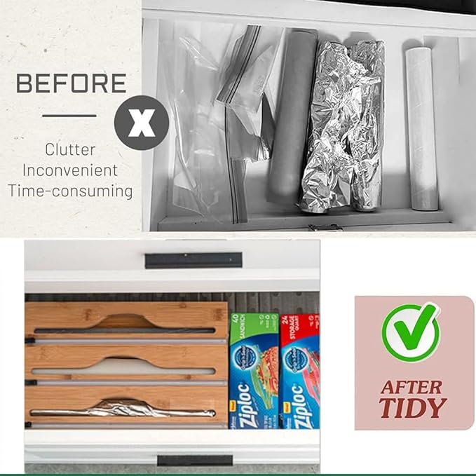 3 in 1 Plastic Wrap Dispenser with Cutter and Labels, Foil and Plastic Wrap Organizer, Aluminum Foil Organization and Storage, Foil Organizer for Drawer, Bamboo Aluminum foil Holder for 12.5"Roll Wrap