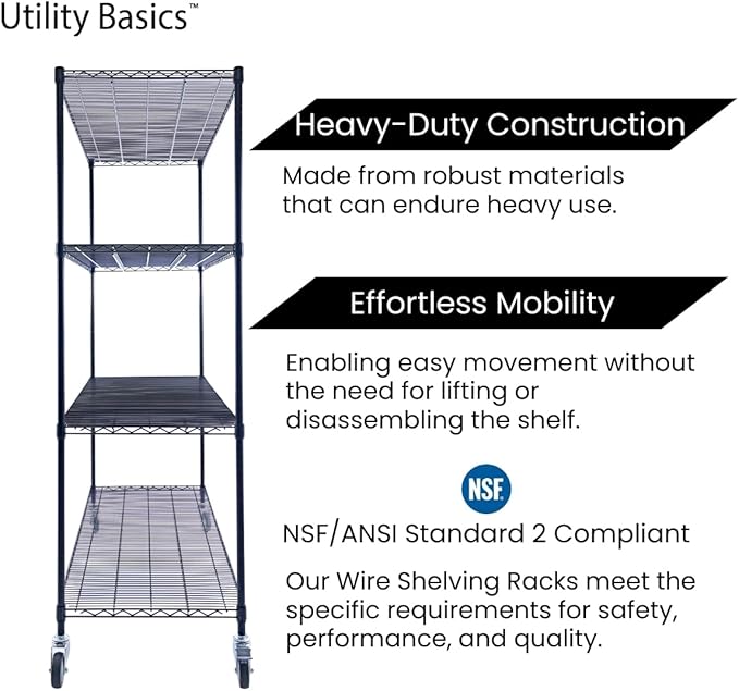 Utility Basics NSF Commercial 4-Tier Wire Shelving with Wheels, 60"x24"x72" Heavy Duty Metal Shelves 3200 lbs Max Capacity, Black Storage Rack for Garage Kitchen Pantry Warehouse