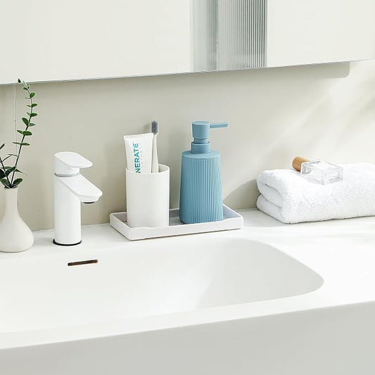 Small Soap Dispenser for Bathroom and Kitchen, Modern Farmhouse Striped Style Plastic Hand Soap Dish Soap Dispenser with Pump Light Blue