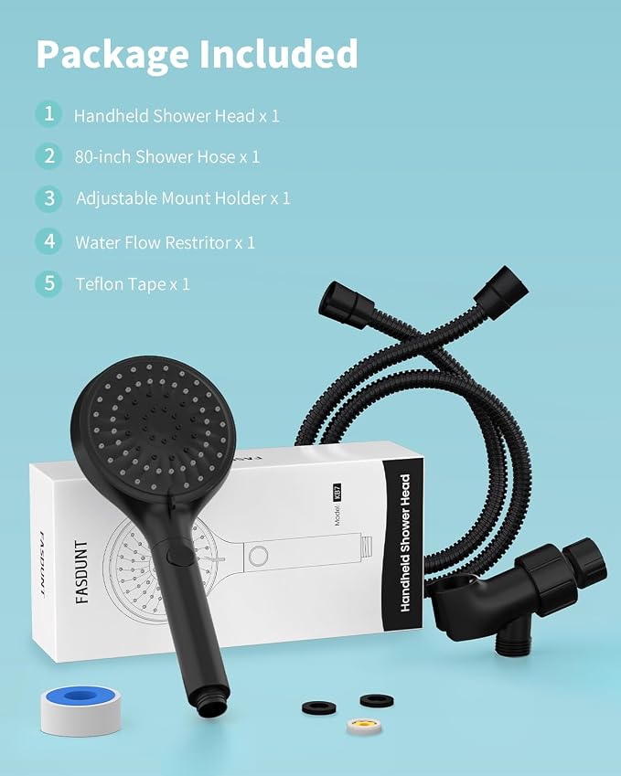FASDUNT Shower Head with Handheld, High Pressure Handheld Shower Head with 80" Extra Long Stainless Steel Hose & Adjustable Bracket, Showerhead with ON/OFF Switch, Black