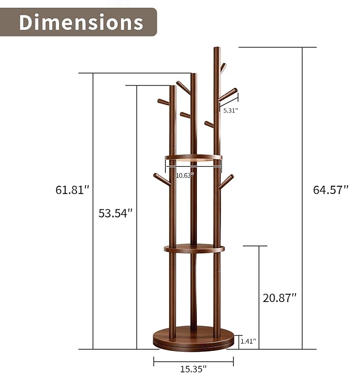 Solid Wood Rotary Coat Rack, Coat Rack Freestanding with 3 Storage Shelves & 9 hooks, Coat Tree for Entryway, Livingroom, Bedroom, Coat Hanger Stand for Coats, Scarves, Handbags, Hat (Walnut)