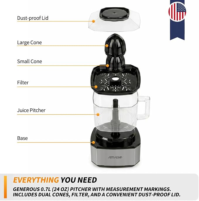 Astralship Citrus Juicer Machine Electric Orange & Lemon Squeezer with Stainless Steel Base, 24oz Pitcher, Pressure-Activated, 2 Cones & Pulp Filter for Orange, Lemon, Grapefruit Juice