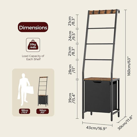 MAHANCRIS Blanket Ladder, 4-Tier Towel Rack with Pull-Out Laundry Basket & Removable Hooks, Ladder Shelf Stand, Wall-Leaning Blanket Rack for Living Room, Bedroom, Rustic Brown and Black TRHR4401
