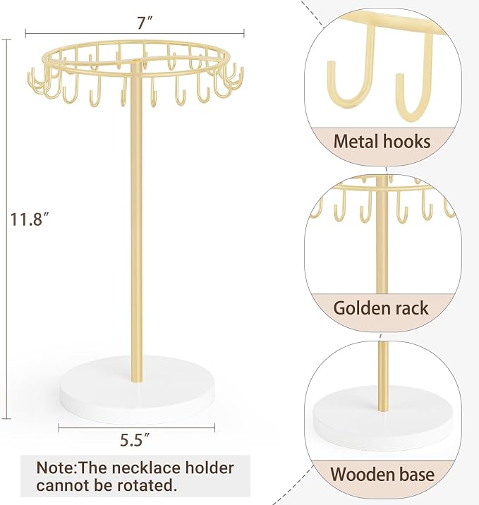 Mkono Necklace Holder Metal Jewelry Display Stand Necklace Organizer with 22 Hooks for Storage and Hanging Bracelet Keychain Home Room Decor for Women,Gold
