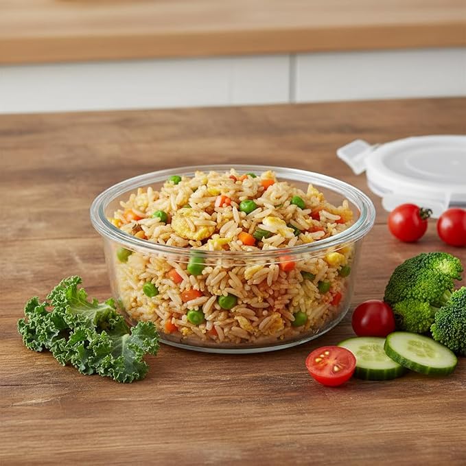 1.5 Cup Round Glass Food Containers with Lids and Folding Spoon, BPA Free Small Round Glass Lunch Containers, 12oz Food Container for Office Meal, Oven, Freezer and Dishwasher Safe (4Pack)