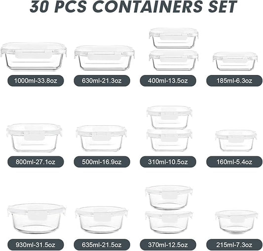 VERONES 30 Pieces Glass Meal Prep Containers Set, Stackable Food Storage Containers with Lids-Airtight Glass Lunch Containers,for Microwave, Oven, Freezer & Dishwasher,White