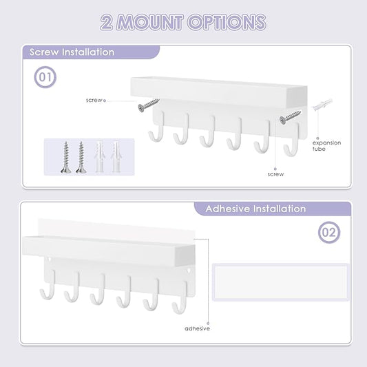 VIS'V Key Holder Wall Mount, Compact Adhesive Key Rack with Tray, 6 Hooks, 2 Mount Options, White