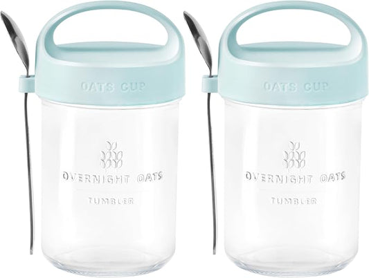 2Pack Overnight Oats Containers with Lids and Handle,14 oz Airtight Oatmeal Container,Mason Jars with Lid for Cereal,Milk,Fruit,Yogurt,On The Go Container,Salad Jars,Glass Jars (Blue)