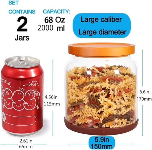 SAIOOL 2-Pack Striped Borosilicate Glass Airtight Canisters - Big mouth Large Capacity, Acacia Wood Lid, Food Storage Jars for Flour, Pasta, Pantry Organization (1/2 Gallon (Yellow Press lid 2 pack))