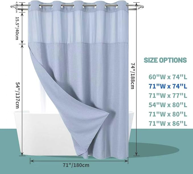 FrostBlue No Hook Waffle Weave Shower Curtain with snap-in Liner Replacement, 230GSM Waterproof Fabric Hotel Shower Curtain Set for Bathroom, Through Mesh Top Window,71Wx74H