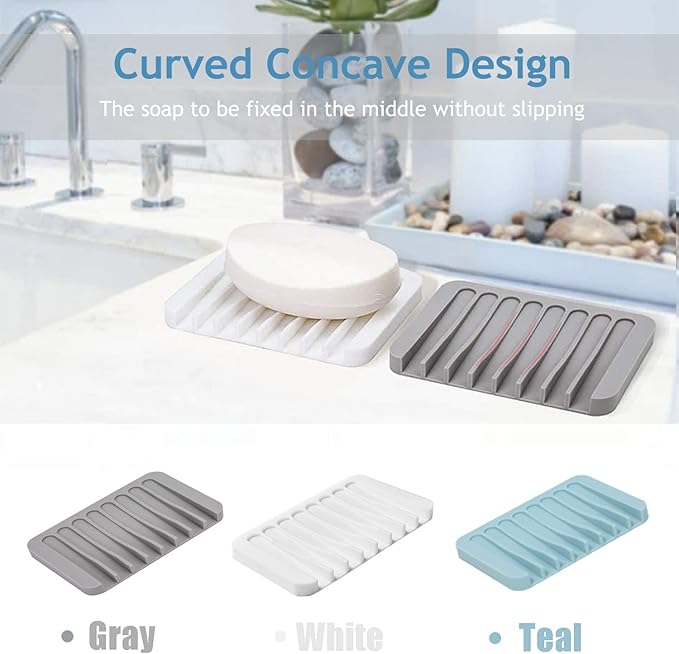Self Draining Soap Dishes, 4 Pcs Silicone Waterfall Drainer Soap Holder for Bathroom, Extend Soap Life Keep Dry Clean & Easy Cleaning (Black & Grey)