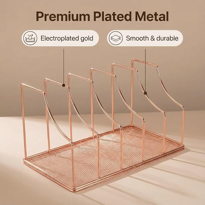 Rose Gold Binder Organizer for Desk, 5 Slot Metal Wire Vertical File Sorter with Mesh Bottom, Desktop Magazine Holder Rack for 2 Inch Binders, Medical Coding Books, Vinyl Records, 12.1"