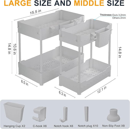 Sevenblue 2 Pack Under Sink Organizer, Under Bathroom Cabinet Organizer with Hooks Hanging Cup, Multi-Purpose Storage Shelf for Kitchen Bathroom (Gray, 14.8 Inch)