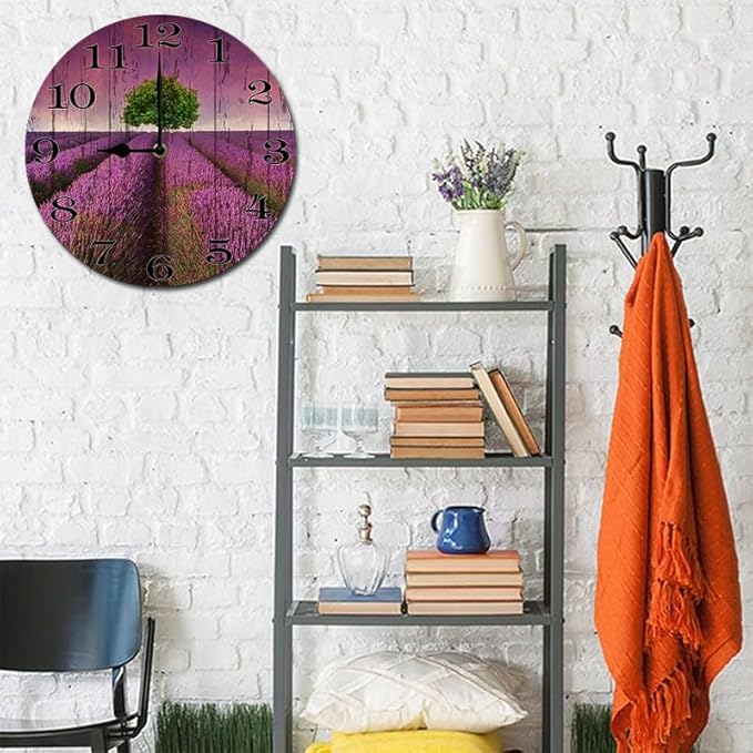 Lavender Wall Clock 10 Inch Wooden Battery Operated Autumn Forest Maple Leaves Wall Clocks Decorative Indoor,Decorative for Kitchen Bathroom Bedroom