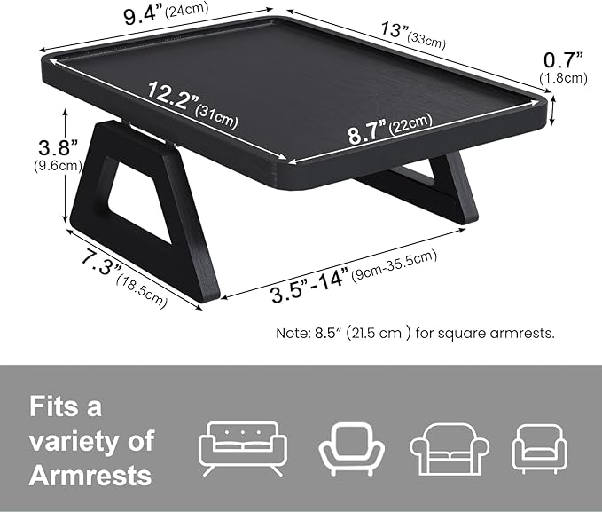 Couch Arm Tray,Bamboo Folding Sofa Tray,Sofa Armrest Trays Clip-On Couch Desk for Drinks,Snacks,Phone,Remote Control(Black)