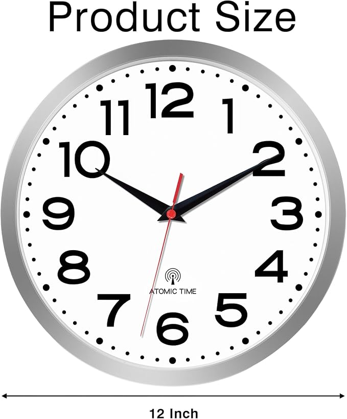 Roymnie Atomic Wall Clock 12 Inch, Modern Clock Battery Operated Classic Analog Decorative for Kitchen, Living Room, Office, Bedroom, Bathroom (Silver)