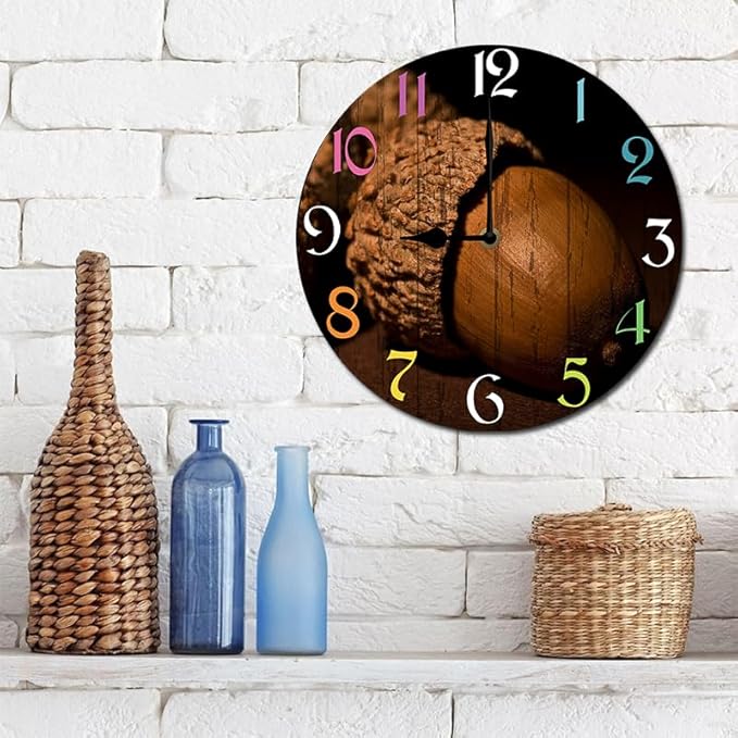 Pine Nut Wall Clock 10 Inch Wooden Battery Operated Autumn Forest Maple Leaves Wall Clocks Decorative Indoor,Decorative for Kitchen Bathroom Bedroom