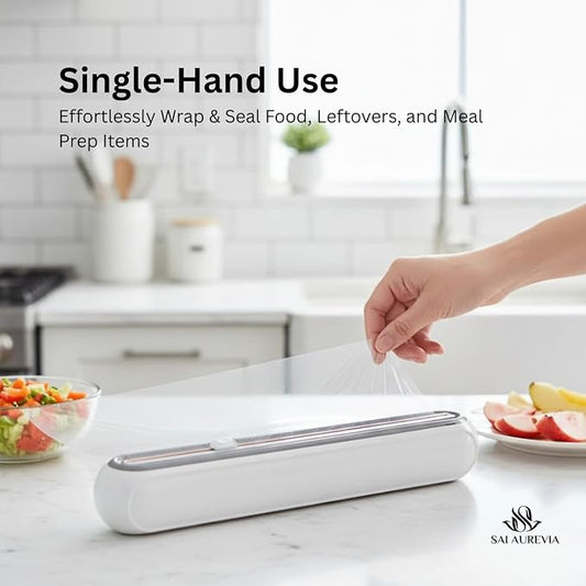 Food Plastic Wrap Dispenser with Cutter | Durable ABS Material | One-Handed Smooth Cutting | Refillable Cling Film Storage Organizer | Fits Standard Wrap Rolls