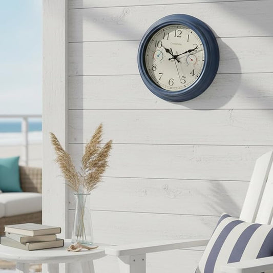 Outdoor Clock with Thermometer & Hygrometer Combo - Waterproof Vintage Coastal Decor Wall Clock for Patio, Pool, Garden, Backyard, Bathroom - 12 Inch, Blue