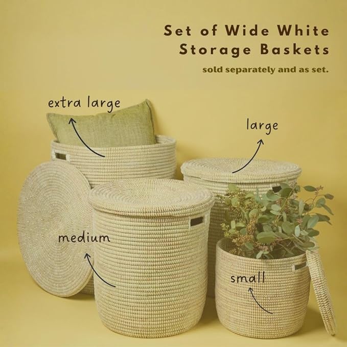 Large Woven Storage Basket with Lid, Laundry Hamper, 20 x 18 Inch Round Decorative Container for Toys, Blankets, Towels, Cut Out Handles (Solid)