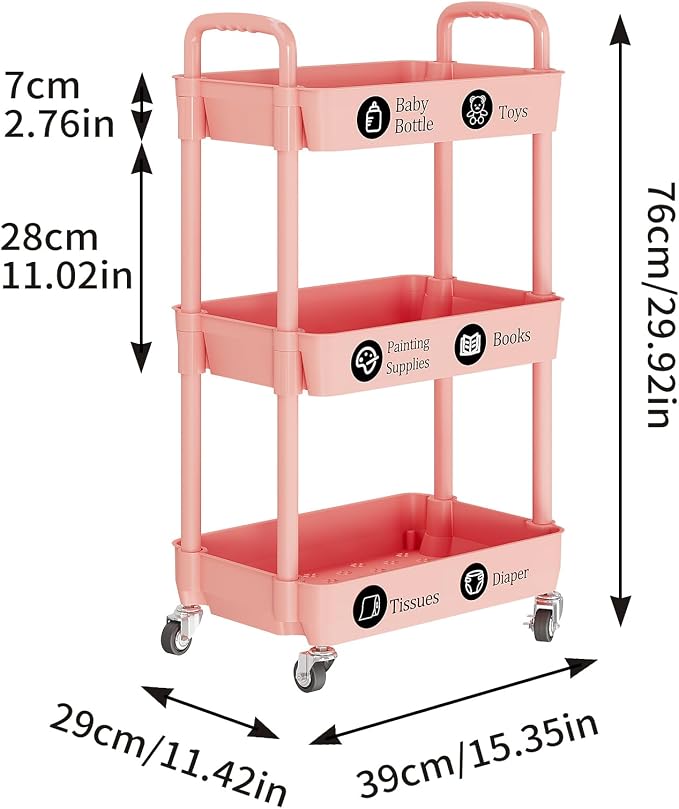 Laiensia 3-Tier Rolling Cart with Wheels,Multifunction Utility Storage Carts, Kitchen Storage Organizer,Mobile Shelving Unit for Bathroom,Laundry,with Classified Stickers,Pink