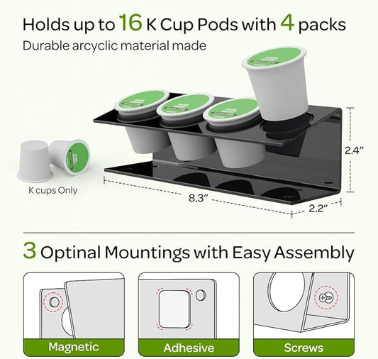 LifeMoreasy K Cup Holders, Acrylic Coffee Pods Organizer Stand Magnetic & Self-Adhesive Wall Mounted K Cup Stand for Kitchen Wall, Cabinet, Fridge (4 Pack for 16 Pods)