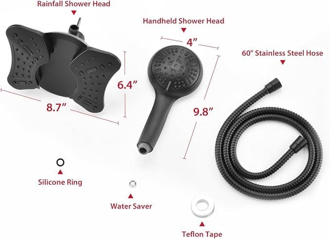 GRICH 1.8GPM Shower Head with Handheld Spray Combo: 2 in 1 Rainfall Shower Heads high pressure & Handheld Shower Head, 9 Spray Modes/Settings Detachable Shower Head with 60 Inch Hose, Black