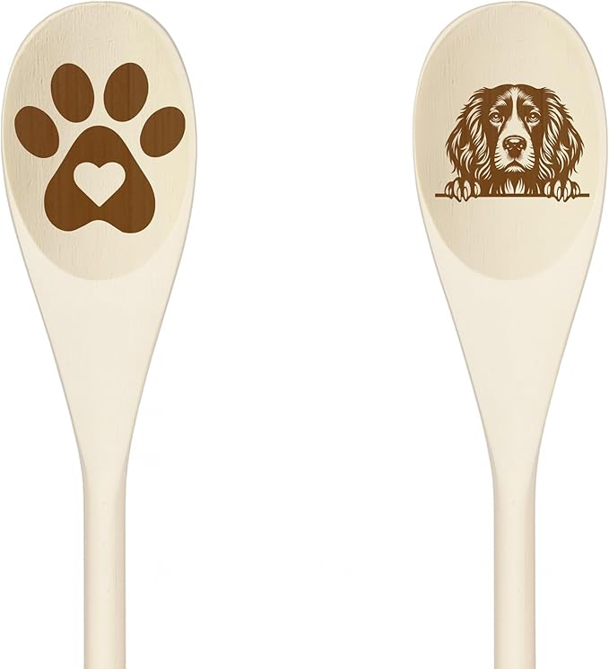 SUSSEX SPANIEL Wooden Spoons for Cooking, Serving or Decorative Kitchen Utensils Set Dog Lover Dog Mom/Dad Gift with Peeking Dog Designs, Paw Print and Dog Head, Kitchen Utensils Set of 2