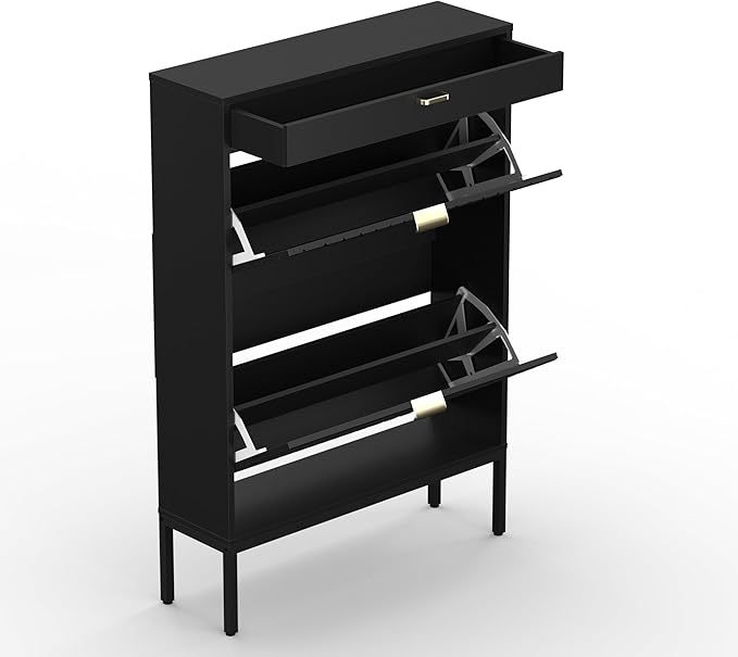XIAO WEI Shoe Cabinet, Shoe Storage Organizer Cabinet with 2 Flip Half Moon Line Doors, Freestanding Shoe Rack with Adjustable Shelf for Entryway(Black)