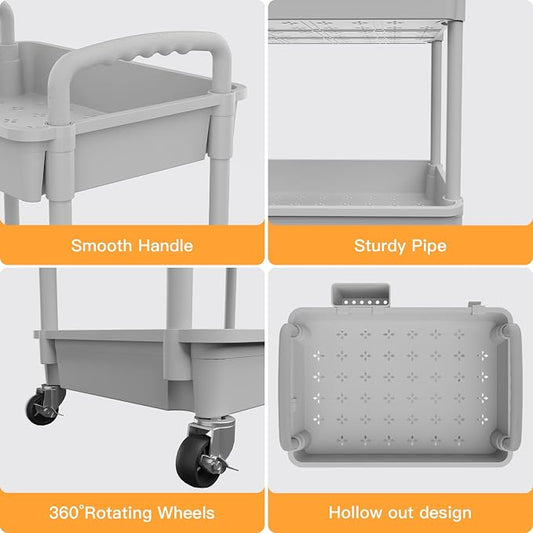 5 Tier Rolling Utility Cart with Handle,REBECAT Utility Cart Made of Multifunctional Storage Organizer Tool for Kitchen,Bathroom,Living Room,Office(Gray)