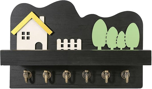 Cute Key Holder, Decorative Key Holder for Wall, Little House Design Key and Mail Holder for Bags, Umbrella, Mail, Wallet and Dog Leash - Farmhouse Key Hooks Wall Mount for Entryway