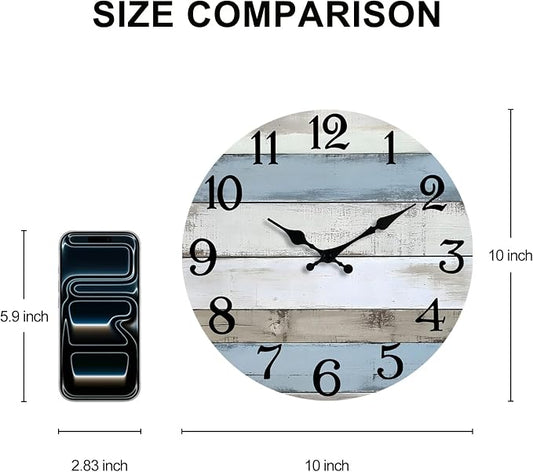 JoFomp 10 Inch Wooden Wall Clocks Battery Operated, Silent Wall Clock Non Ticking, Coastal Country Design Rustic Wall Clocks for Living Room Decor, Small Wall Clock for Bedroom Kitchen Bathroom
