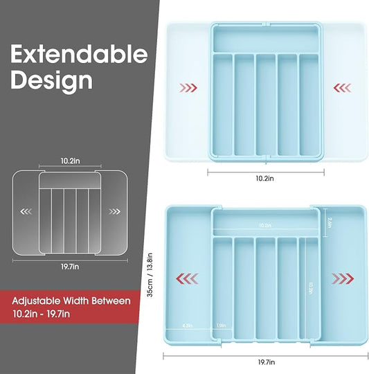 Aujen Silverware Organizer - Expandable Kitchen Drawer Organizer, Adjustable Utensil Organizer, Cutlery Tray for Forks, Knives, Multipurpose Kitchen Organizers and Storage Solution, Blue, Large