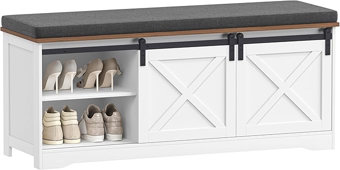 Farmhouse Storage Bench with Cushion, 47.2" Shoe Bench with Slide Barn Doors and Adjustable Shelves, Entryway Bench with Storage for Bedroom, Closet, Living Room, Hallway, White