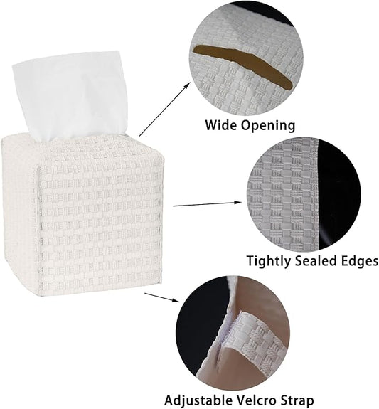 Tissue Box Cover 2-Pack, Square Tissue Holder with Bottom Belt, Modern Tissue Case Facial Paper Organizer Dispenser for Bathroom, Office, Home, Table, Car, Woven Pattern White