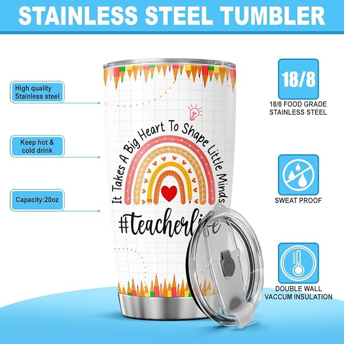 Teacher Appreciation Gift for Women, Rainbow Design Insulated 20oz Stainless Steel Tumbler, Thoughtful Thank You Travel Cup for Daycare, Preschool, Back to School