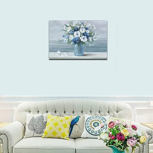arteWOODS Vintage Flowers Canvas Wall Art Blue White Blossom Painting Retro Flowers in Vase Pictures Blue Ocean Background Artwork Prints for Bathroom Bedroom Wall Decor Ready to Hang 36 X 24in