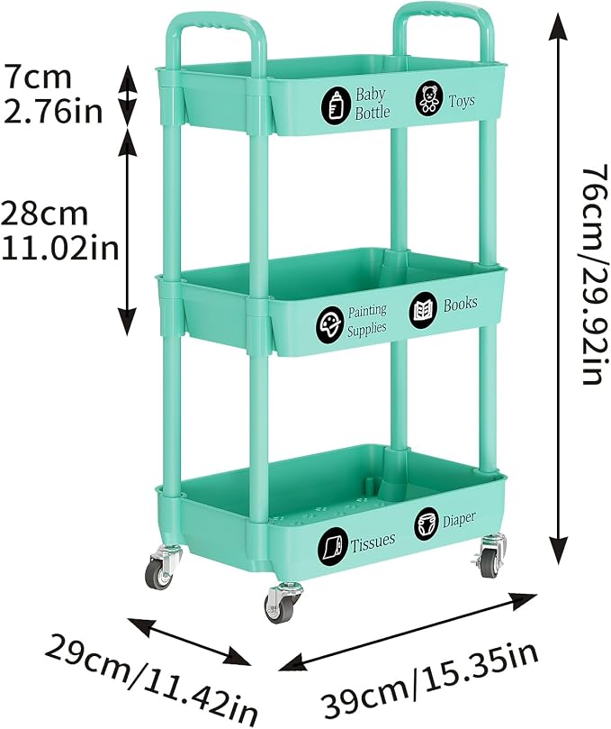 Laiensia 3-Tier Rolling Cart with Wheels,Multifunction Utility Storage Carts, Kitchen Storage Organizer,Mobile Shelving Unit for Bathroom,Laundry,with Classified Stickers,Green