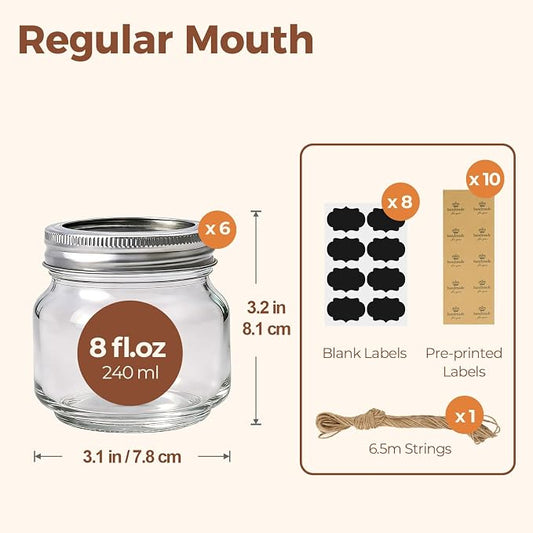 ComSaf 8 oz Regular Mouth Mason Jars,6Pcs Glass Jars for Home Cooks Making Jam and Jelly, and Crafters Creating DIY Candles and Party Favors, Canning Jar with Lids and Rings,Includes Labels & Twine