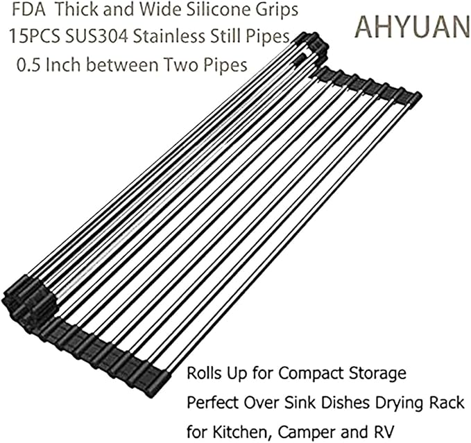 Ahyuan Roll up Dish Drying Rack Over The Sink Kitchen Roll up Sink Drying Rack Stainless Still Portable Drainer Foldable Dish Rack (Black, 17.8''X11.8'')